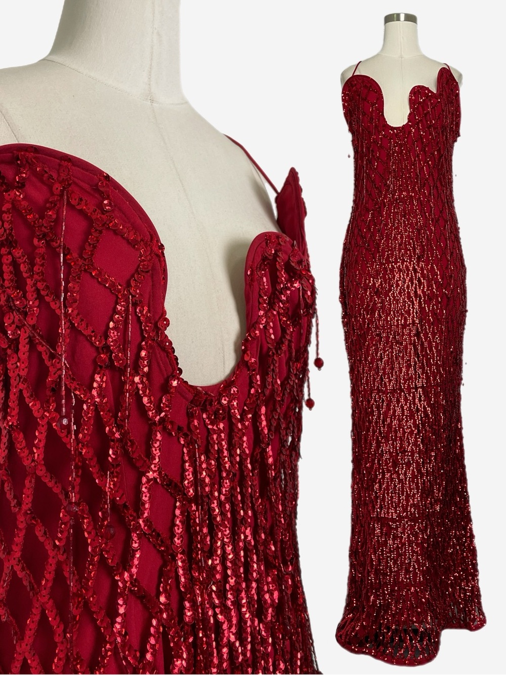 ASOS Design red sequin beaded fringe curved neckline maxi dress avant garde 8